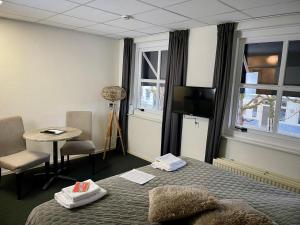 ein Hotelzimmer mit einem Bett und einem Fernseher in der Unterkunft Hotel Willemstad in Willemstad