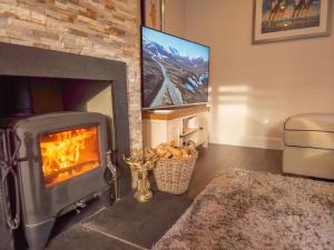 un soggiorno con camino e TV di Woodland House a Tomatin