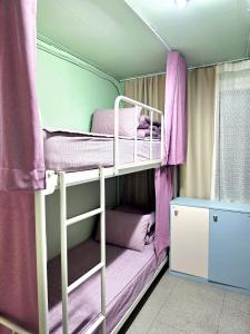 two bunk beds in a room with purple curtains at Happy Garden Guesthouse in Seoul