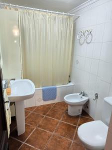 Un baño con lavabo, inodoro y ducha. en La Casita de Marisol, en El Real de la Jara 7 fotos más