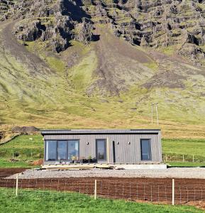a small house in a field next to a mountain at Oddnýjarhús in Höfn