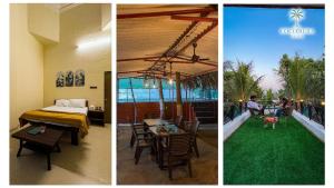 two pictures of a hotel room with a bed and green grass at CocoAura - Tropical Luxury Villa with Pool&Jacuzzi in Utan