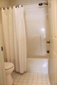 a bathroom with a shower curtain and a toilet at The Jr. Suite at 205 Royal Poste Rd. in Sunset Beach +16 photos