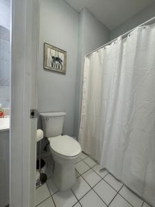 a bathroom with a toilet and a shower curtain at The Villa at 125 Royal Poste Rd in Sunset Beach +23 photos