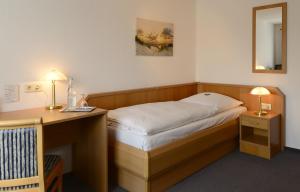 Habitación con cama y escritorio con espejo. en Hotel Goos, en Jübek