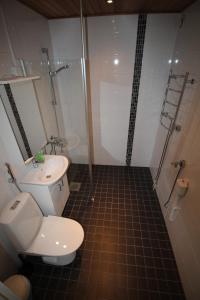 Hotel Aakenus Apartment Koski في روفانييمي: حمام مع دش ومرحاض ومغسلة