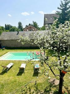 una piscina con 2 sillas y un árbol en Country House With Swimming Pool In Morvan, en Lucenay-lʼÉvêque