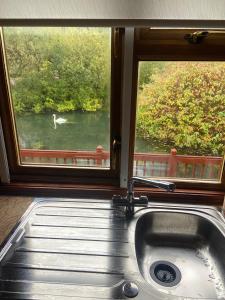 a kitchen sink with a window and a bird in the water at Kingfisher Cosy Lakeside Lodge in Carnforth