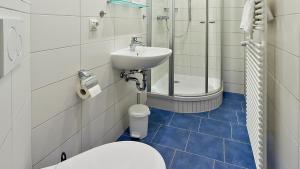 a small bathroom with a sink and a toilet at Hotel Flora in Bad Harzburg