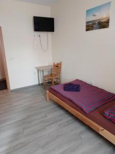 Pension am Bahnhof Mühlhausen في مولهاوزن: غرفة نوم بسرير وطاولة وتلفزيون +6 صور