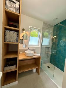 ein Badezimmer mit Waschbecken und Dusche in der Unterkunft Carnets de Voyages Maison 4 à 6 personnes in Hautot-sur-Mer
