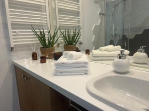 een badkamer met een wastafel, een spiegel en handdoeken bij Apartament Niebieski Centrum Sarbinowo w budynku z restauracją in Sarbinowo +45 foto's