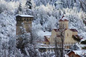 a large building in the middle of a snow covered forest at Shgedi Mestia in Mestia
