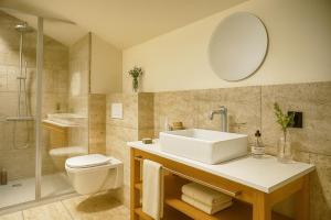 a bathroom with a sink and a toilet and a shower at Hôtel de l'Horloge in Avignon +26 photos