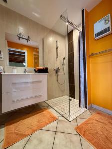 un baño con ducha y lavabo en La Maison d'Amélina, en Séneujols