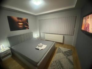 una piccola camera da letto con un letto e una TV di beautiful view a Brăila