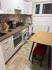 布拉索夫saturn condo的配有桌子和洗衣机的厨房