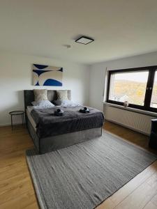 ein Schlafzimmer mit einem Bett und einem großen Fenster in der Unterkunft Villa Eifelblick Sauna&Wellness Apartment in Heimbach + 21 Fotos
