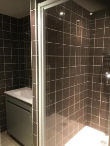 a bathroom with a shower with a toilet and a sink at Gites et camping le Sédour in Riom-ès-Montagnes +83 photos