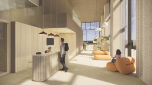 Una representación de un hombre de pie en un vestíbulo. en Aparto Diagonal Suites, en Esplugues de Llobregat