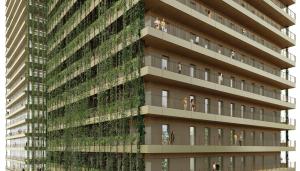 Un edificio cubierto de hiedra con gente en los balcones. en Aparto Diagonal Suites, en Esplugues de Llobregat