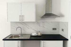 een keuken met witte kasten en een spoelbak bij Rehoboth Housing in Cranford