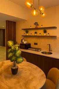 a kitchen with a table and a potted plant at Elegant Ephesus Suites - Hadrian in Selçuk