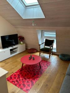 a living room with a red rug and a table at La Pistacherie à 30m de la plage de Grande Rive in Évian-les-Bains