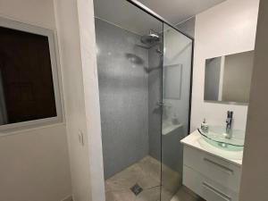 Maison cosy à Sainte-Anne - 31 m² avec terrasse في Douville: حمام مع دش زجاجي ومغسلة