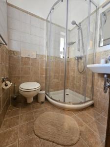 a bathroom with a shower and a toilet and a sink at Salty Sun Seafront Penthouse in Marsalforn +13 photos