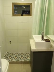 um banheiro com pia, vaso sanitário e chuveiro em Oceana Suites en Algarrobo em San Antonio