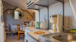 eine Küche mit Spüle und Arbeitsplatte in der Unterkunft Petit Chalet idéal à la campagne avec wifi et parking in Auguaise + 20 Fotos