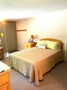 a bedroom with a large bed with two pillows at Schuss #145 Walk to ski hill in Mancelona