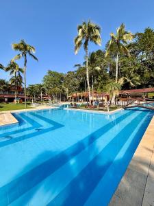 a large swimming pool with palm trees in the background at Refúgio em Angra com Praia Privativa in Angra dos Reis