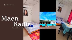 a collage of pictures of a room with a bed and a table at MAEN k in Puerto Villamil