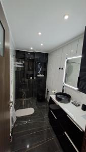 a bathroom with a shower and a sink at K & V apartments in Amfiklia +43 photos