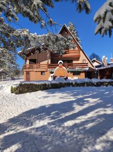 a house with snow in front of it at Domus Foresta Apartmani in Brdo