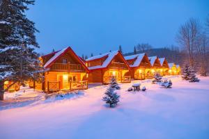 a row of log cabins in the snow at night at Miette Mountain Cabins in Brule Mines