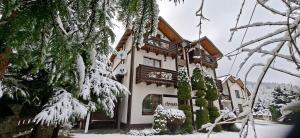 una casa en la nieve con árboles nevados en Apartments Girska Sonata, en Mykulychyn