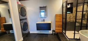 une salle de bain avec un lavabo et une télévision au mur dans l'établissement Morabeza - A Tropical Seneca Haven, à Burdett 24 autres photos