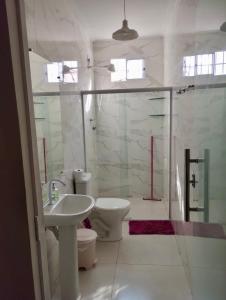 ein Badezimmer mit Waschbecken, Toilette und Dusche in der Unterkunft Casa Vieira in Piranhas