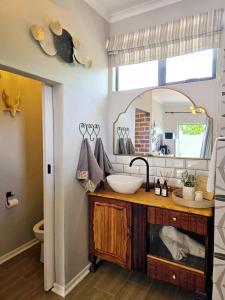 a bathroom with a sink and a mirror at Karoovlaktes in Prieska