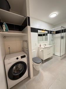 Le Jupiter, Centre ville, Parking Privé في بورجوا: حمام مع غسالة ومرحاض