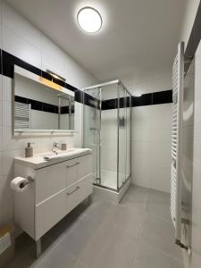 Le Jupiter, Centre ville, Parking Privé في بورجوا: حمام أبيض مع دش ومغسلة