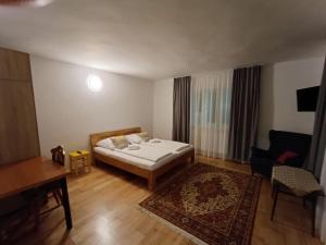 a bedroom with a bed and a chair and a table at Casa Dyasof in Rohia