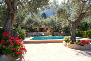 a swimming pool in a yard with trees and flowers at Casa Eva in Fornalutx
