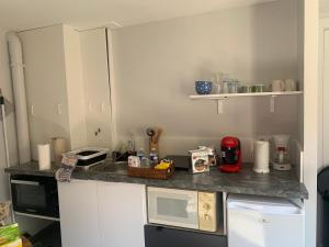 a kitchen with a counter top with a microwave at Chez Clo in Grièges +4 photos