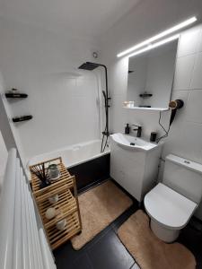 een badkamer met toilet, wastafel en bad bij Hera Exclusive Stay in Timişoara