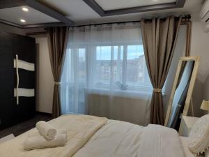 a bedroom with a bed and a large window at Hera Exclusive Stay in Timişoara