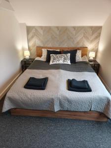 a bedroom with a large bed with two pillows on it at Dom z widokiem na góry in Zawodzie